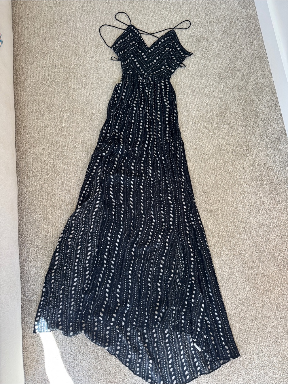 Black Patterned Backless Lace Up Maxi Dress
